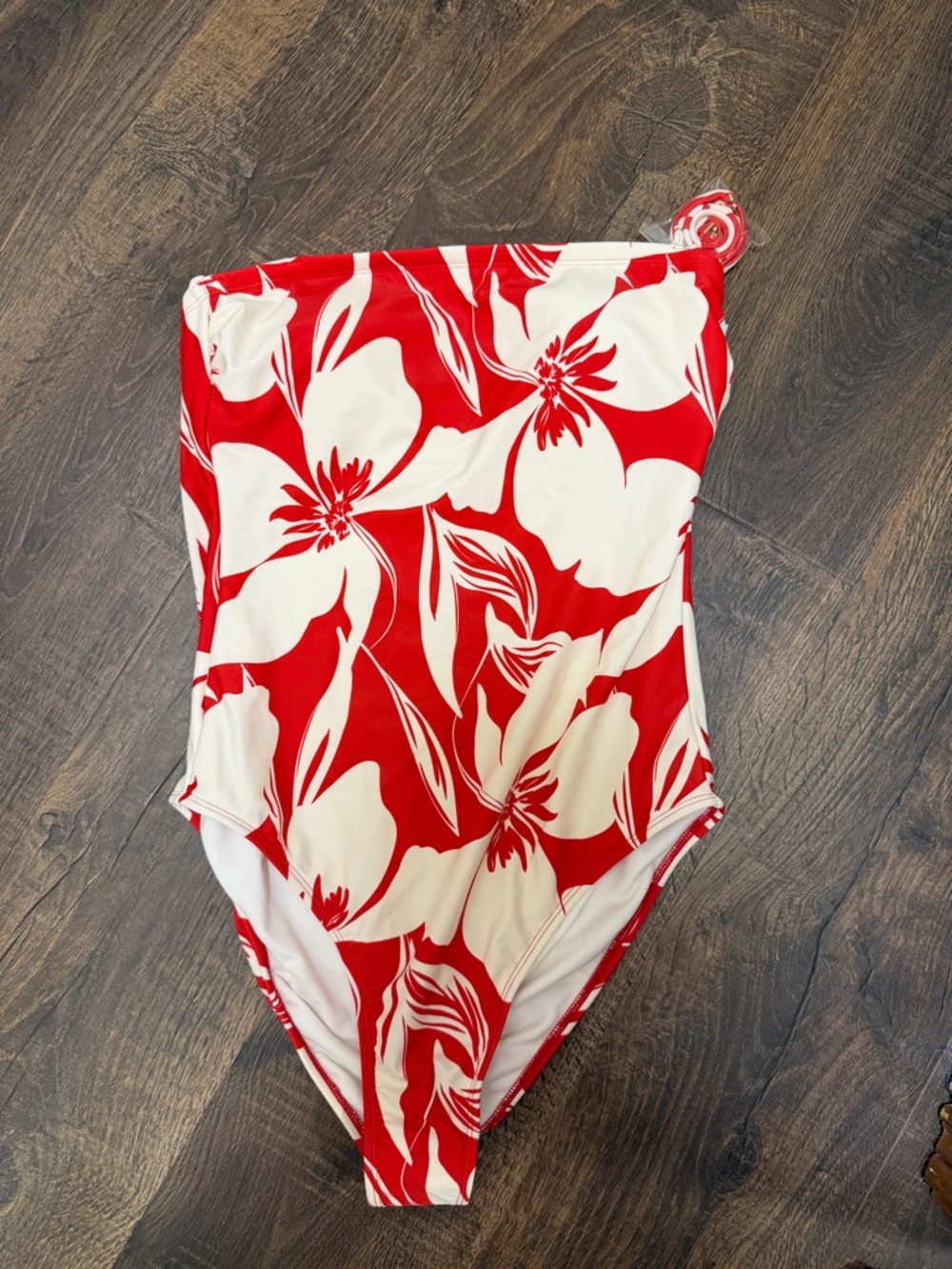 Red White Floral One Piece Swimsuit Medium High Leg Cheeky NWT
